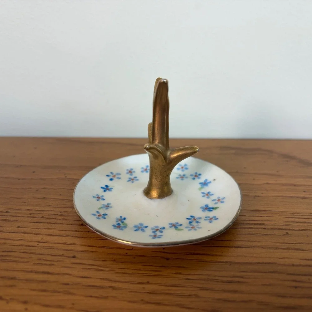Van Gilder Hand Painted Porcelain Ring Holder Tree Blue Floral Gold Trim